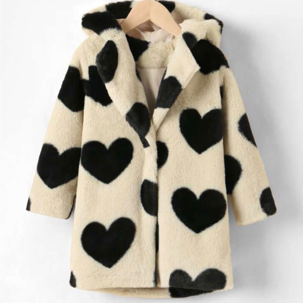 SHEIN Young Girls Cream and Black Heart Faux Fur Lined Coat Jacket Size 6y